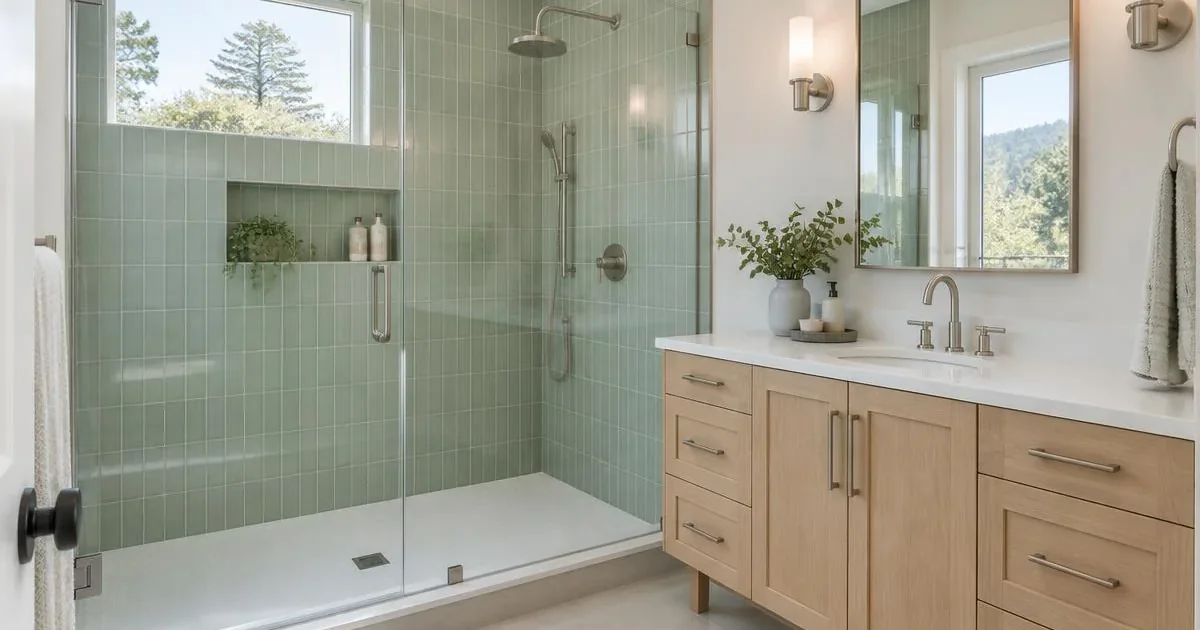 Conceptual bathroom renovation visual with a walk-in shower and wood vanity; illustrative only, not a completed Bay Harbor project