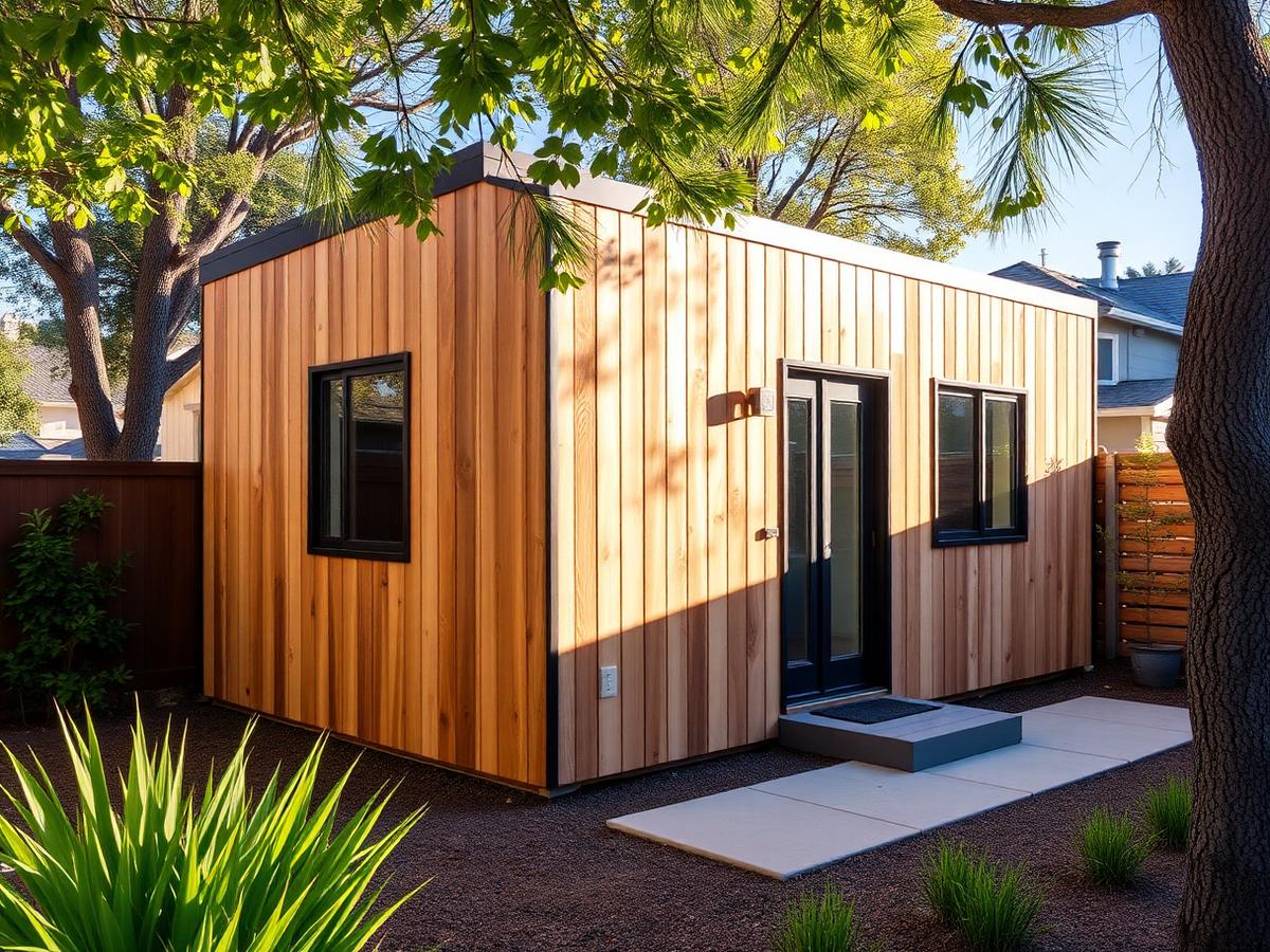 Modern detached ADU with cedar siding and black window frames