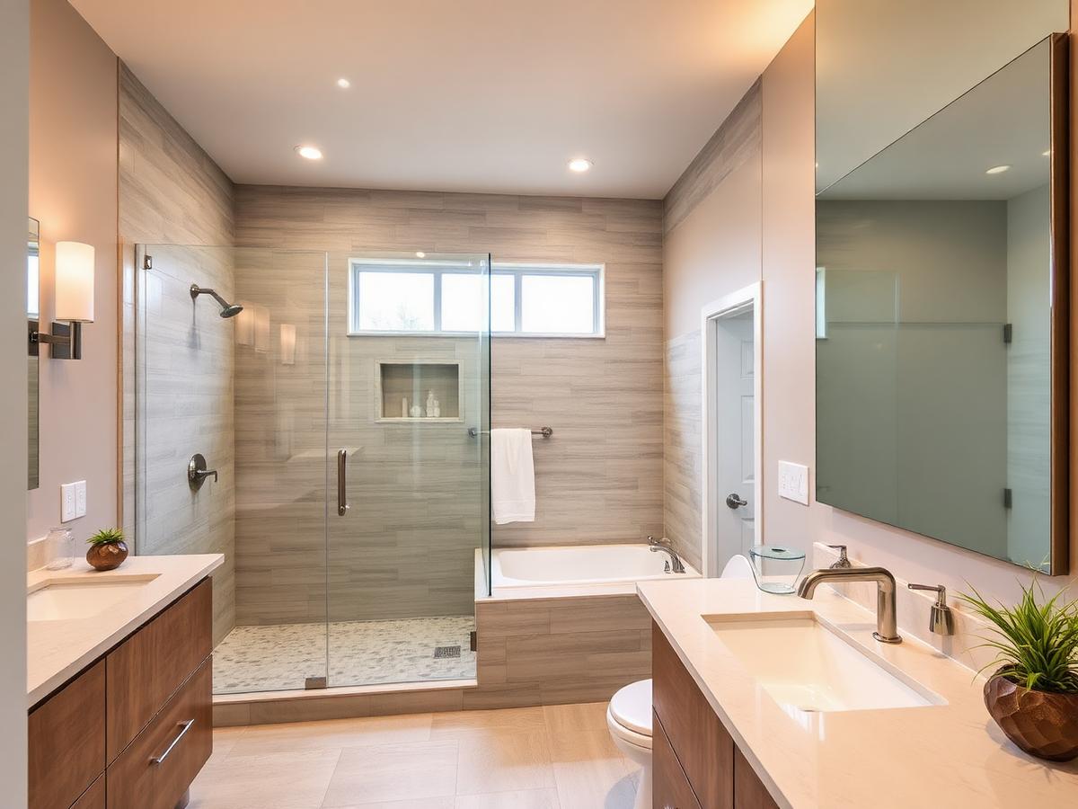 Renovated bathroom with glass shower and double vanity