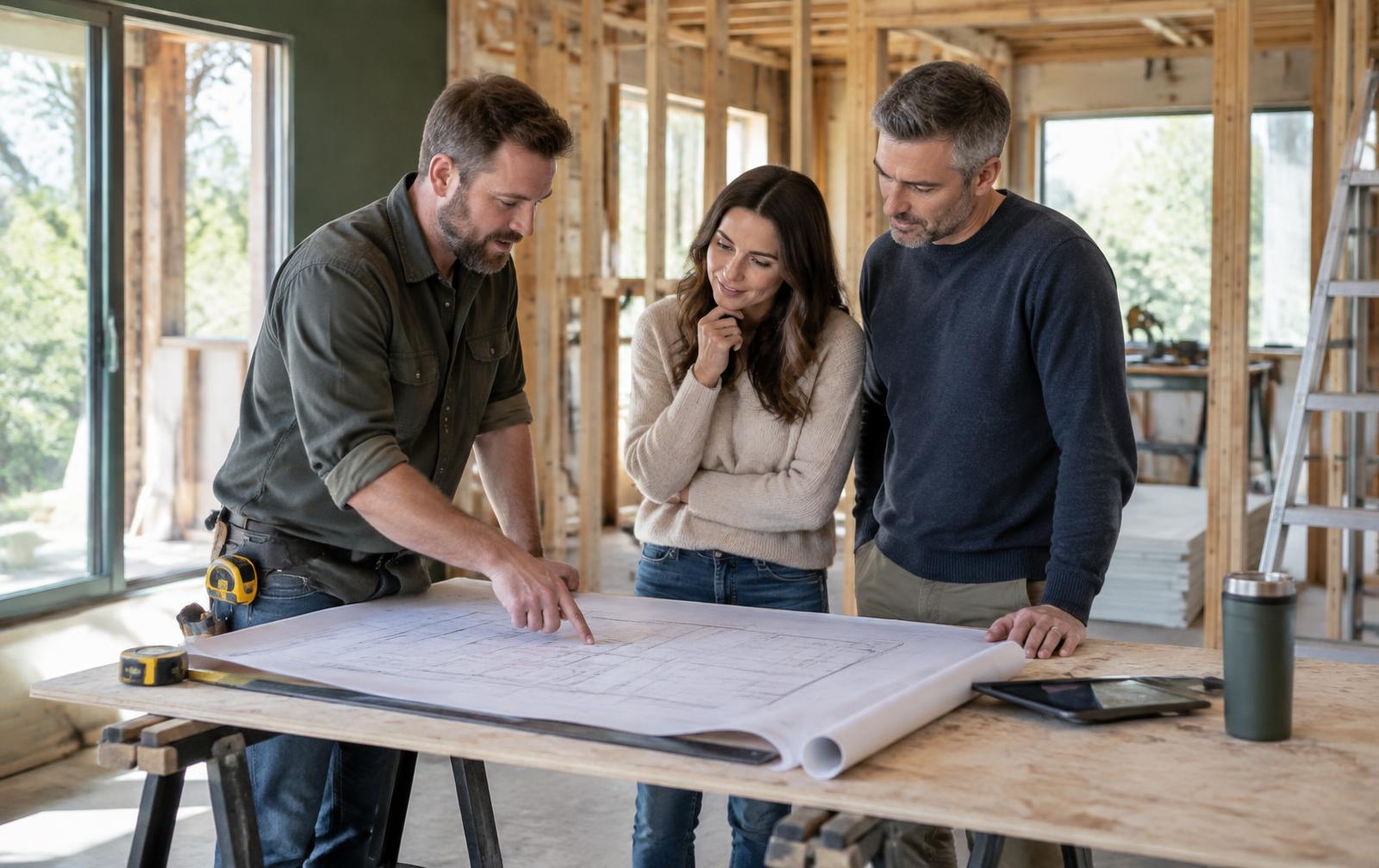 Contractor reviewing residential remodeling plans with homeowners during an on-site consultation