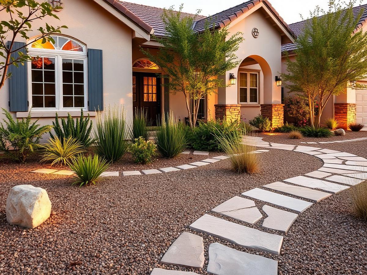 Remodeled front yard with stone walkway, drought tolerant planting and low lighting