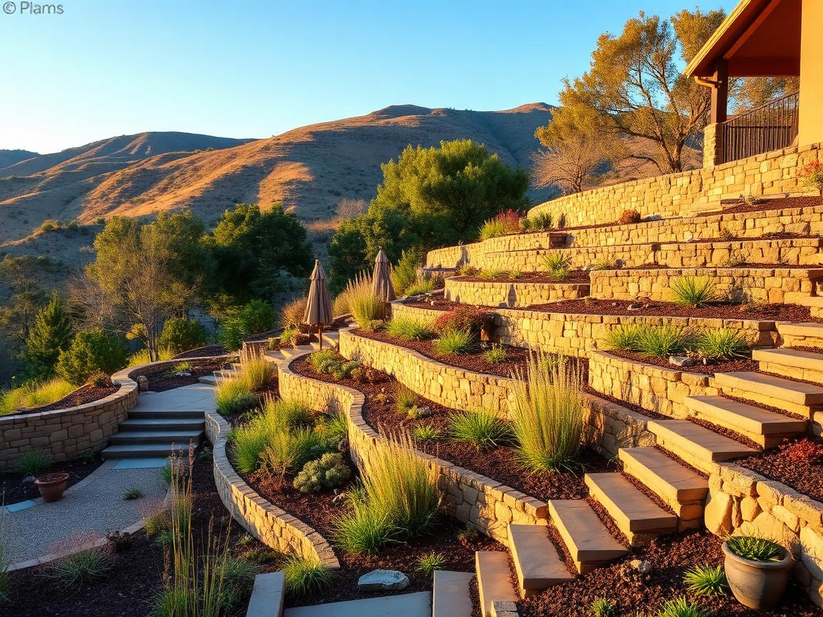 Terraced hillside landscape with stacked stone retaining walls in Walnut Creek