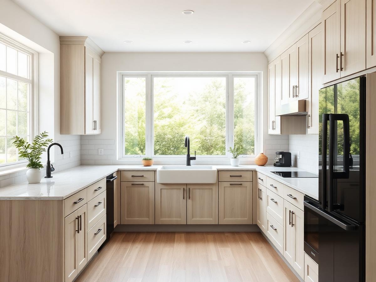 Remodeled kitchen with light oak cabinetry and quartz counters