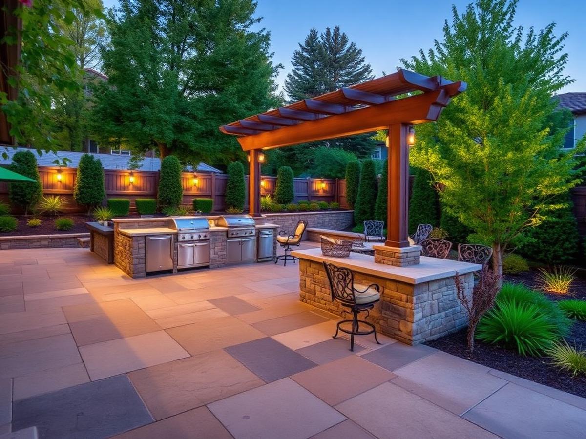 Backyard patio with pergola and outdoor kitchen
