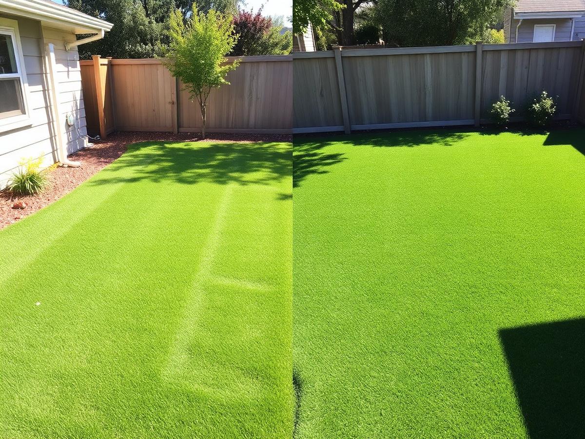 Side by side comparison of real grass sod and artificial turf in a backyard